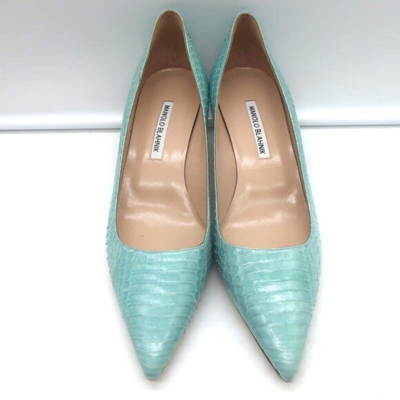 Manolo Blahnik BB 100 Snakeskin Pointed Toe Pumps Aqua - Picture 3 of 10